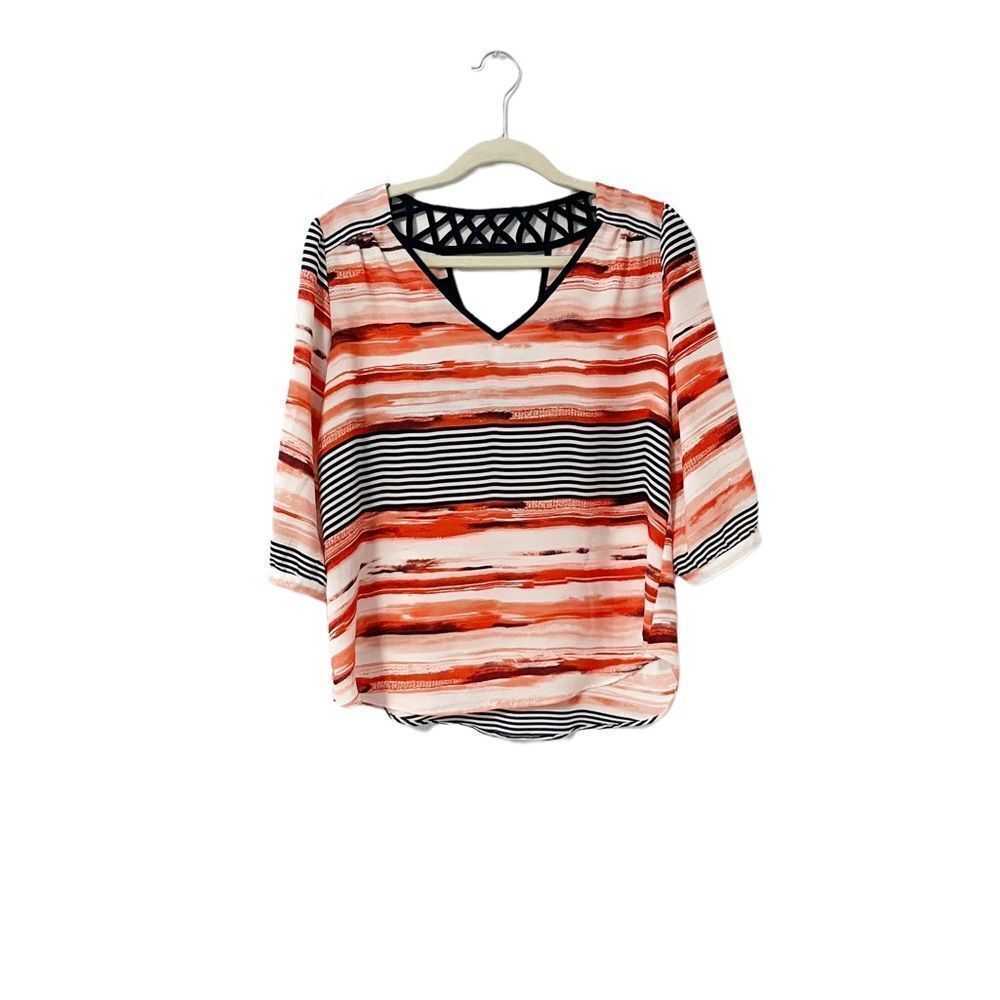 🟢IZ Byer V Neck Multicolored Striped Top 3/4 Sleeve Size M